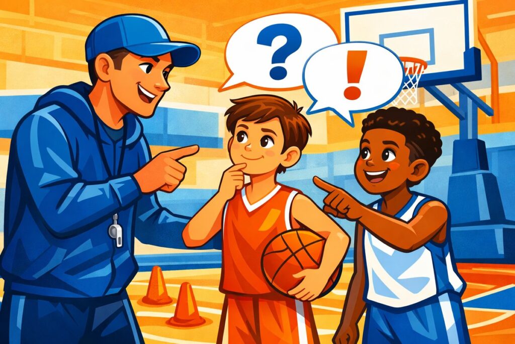 Ilustración de entrenador y jugadores tomando decisiones en la cancha